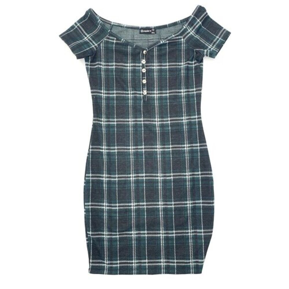 Popular‎ 21 Green Plaid Fitted Scoop Neck Juniors's Dress Size Small